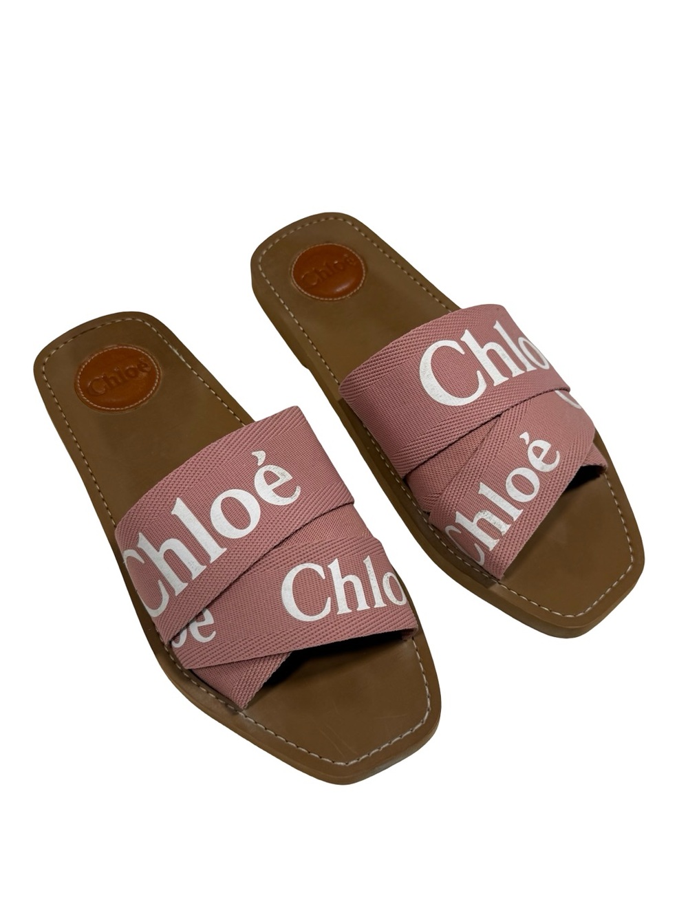 Chloe Woody Logo Ribbon Slide Sandals Sz Eu39 Us 8.5 Pink Canvas Designer Luxury